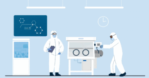 Image from High Potency APIs at Radiofilum animation showing two people in PPE using high containment within HPAPI laboratories