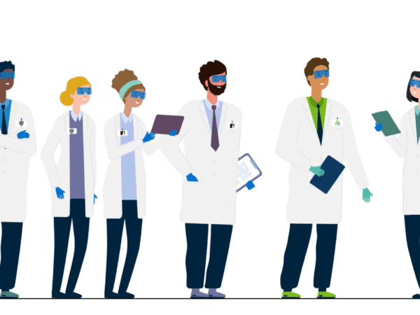 Image taken from the biocatalysis at Radiofilum animation, focusing on using enzymes as catalysts, showing scientists