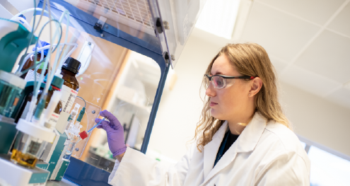 Scientist in labs at Radiofilum performing early phase development work