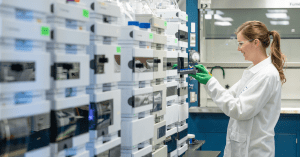 Scientist working on HPLC machines