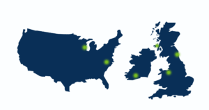 Map showing Radiofilum's global network of facilities in UK, USA and EU